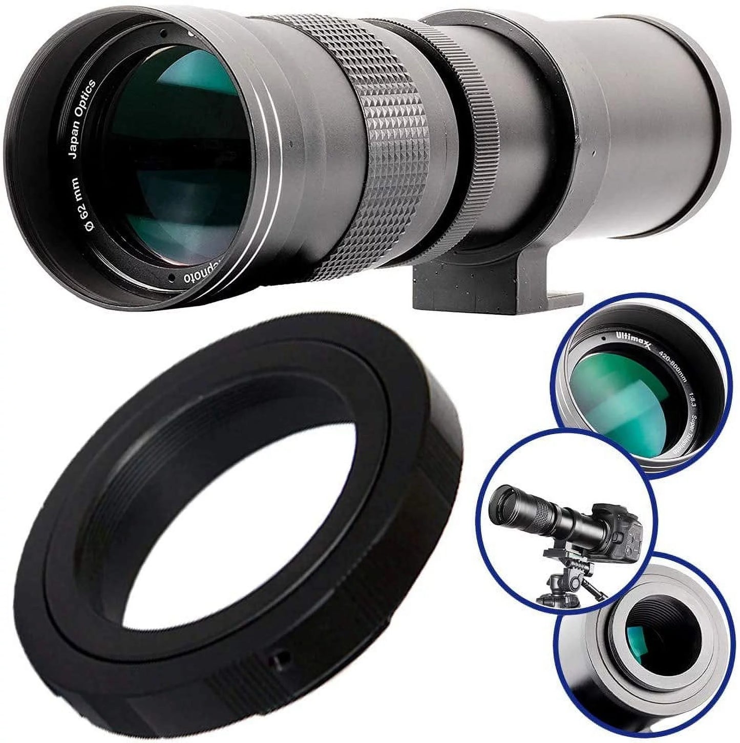 Ultimaxx 420-800mm f/8.3-16 Sizeuper HD Manual Telephoto Zoom T-Mount Lens Kit for Nikon F-Mount D6, D5, D4, D850, D810, D800, D780, D750, D610, D600, D7500, D7200, D5600, D5500, D5300, D3500 and D3400 D