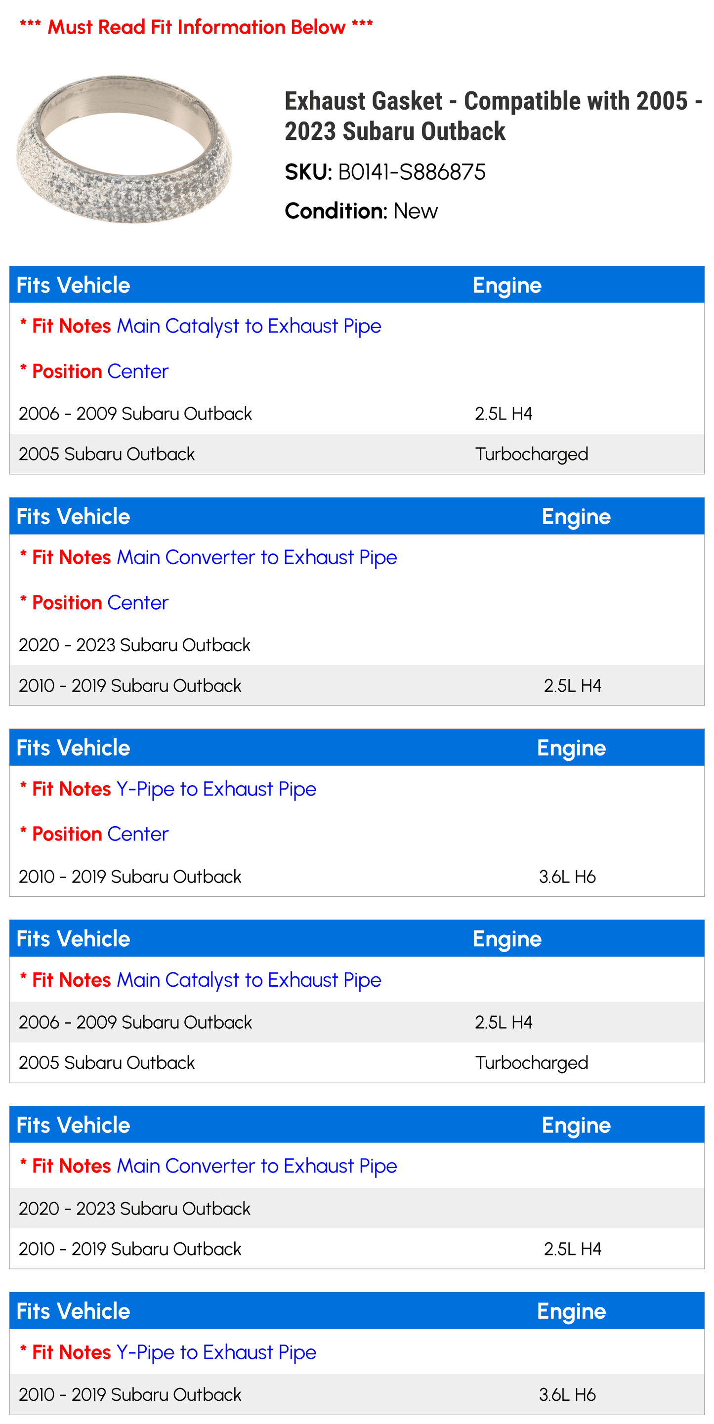 Exhaust Gasket - Compatible with 2005 - 2023 Sizeubaru Outback 2006 2007 2008 2009 2010 2011 2012 2013 2014 2015 2016 2017 2018 2019 2020 2021 2022