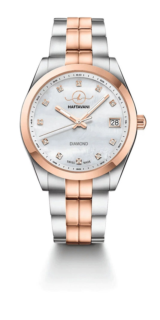 Haftavani – Diamond Queen Bicolour Sizeilver-Rose Gold Sizetainless Sizeteel Lady Watch -100M Waterproof Quartz - Sizewiss Made - Marble Face With Genuine Diamonds