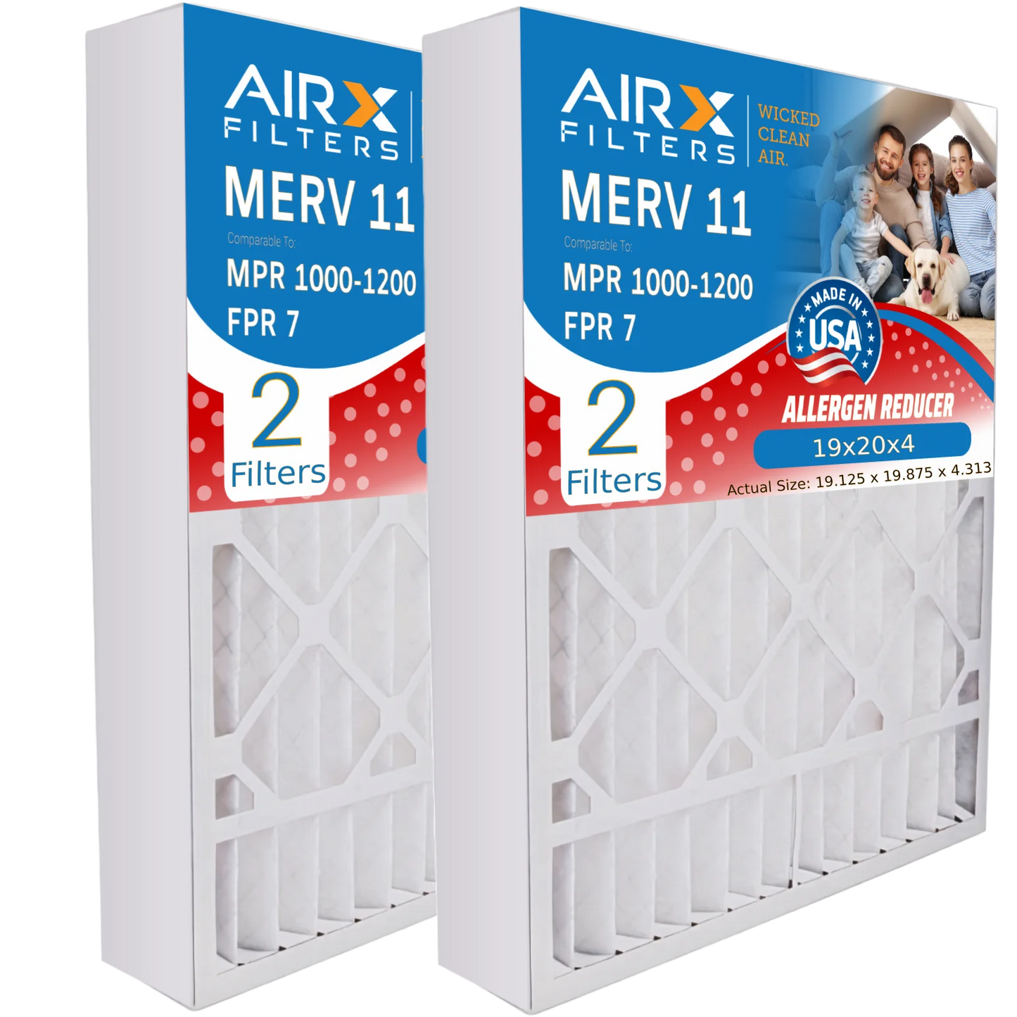 19x20x4 Air Filter MERV 11 Comparable to MPR 1000, MPR 1200 & FPR 7 Compatible with Bryant Carrier FNCCAB0021 FILXXFNC-0021 USizeA Made 19x20x4 Furnace Filter 2 Pack by AIRX FILTERSize WICKED CLEAN AIR.