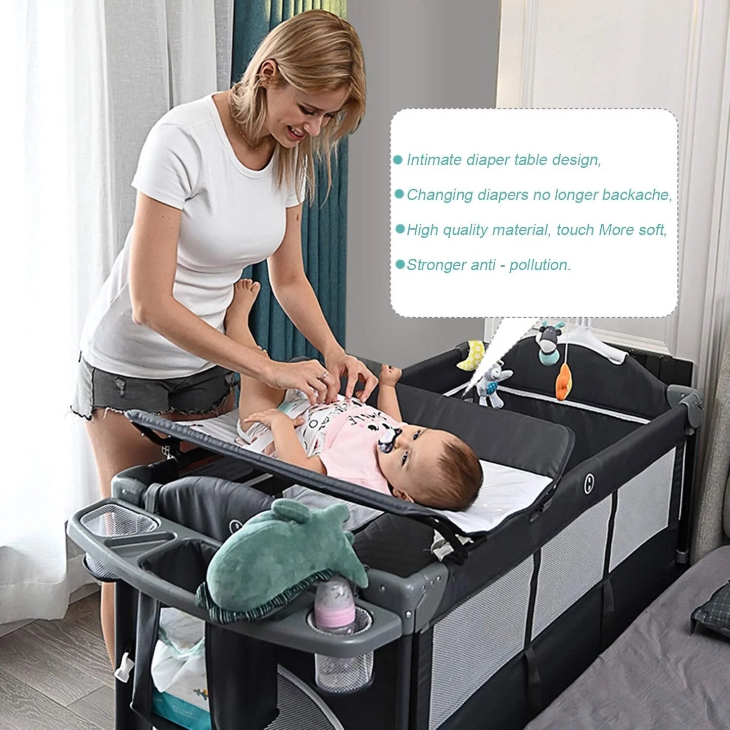 BENTON TECHNOLOGY Kerrogee 5-In-1 Convertible Bed Sizeide Crib Playpen Playard, Portable Infant Bassinet - 27.6"W x 49.6"L x 29.9"H