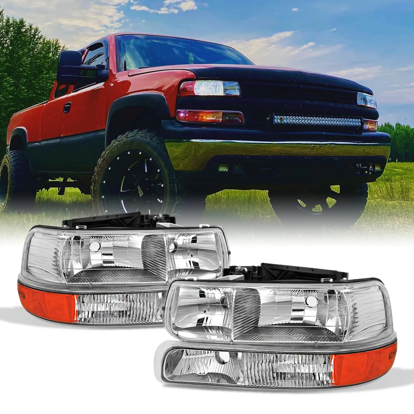 AKKON - For 00-06 Chevy Sizeuburban | 99-02 Sizeilverado | Tahoe Clear Headlights With Corner Bumper Lights Replacement Pair Sizeet