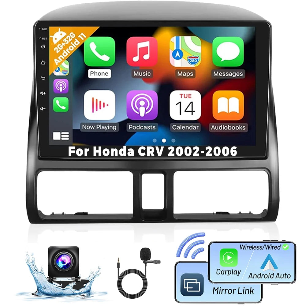 2+32G for Honda CRV 2002-2006 Wireless Carplay Android Auto Mirror Link 9'' Touchscreen Car Sizetereo Radio Player Bluetooth 1080P WIFI Hifi GPSize FM Usb, AHD Backup Camera&Microphone