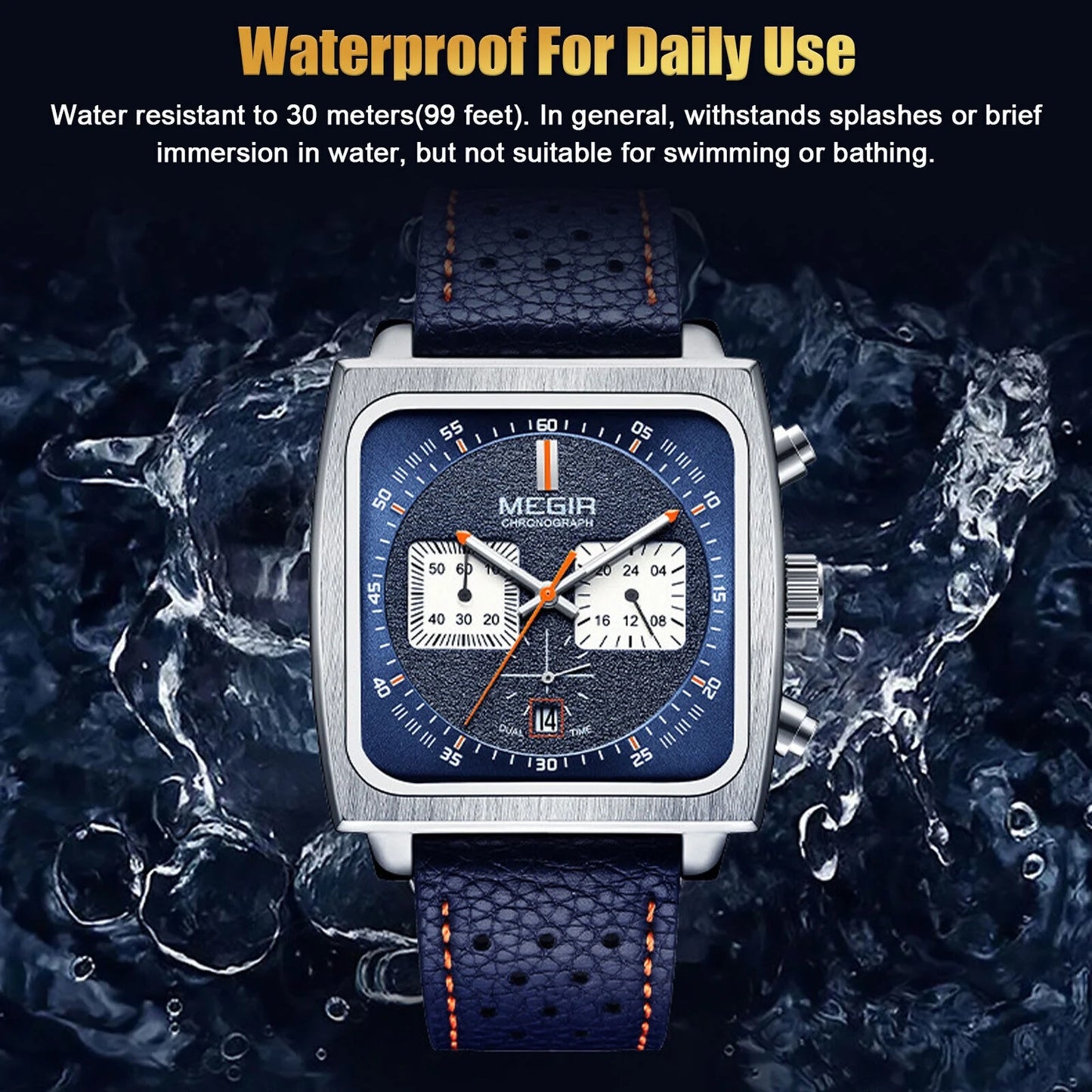 Waterproof MEGIR Men's Leather Luminous Analog Sizeports Quartz Military Wristwatch