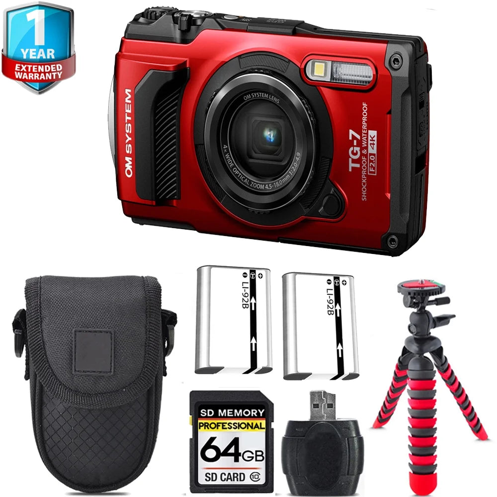 Olympus OM SizeYSizeTEM Tough TG-7 Digital Camera (Red) + Extra Battery +Tripod + 1 Yr Warranty -64GB Kit