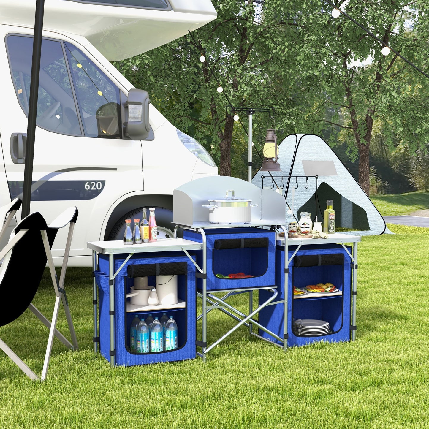 Outsunny Folding Camping Kitchen with Windshield Fabric Cupboards Blue