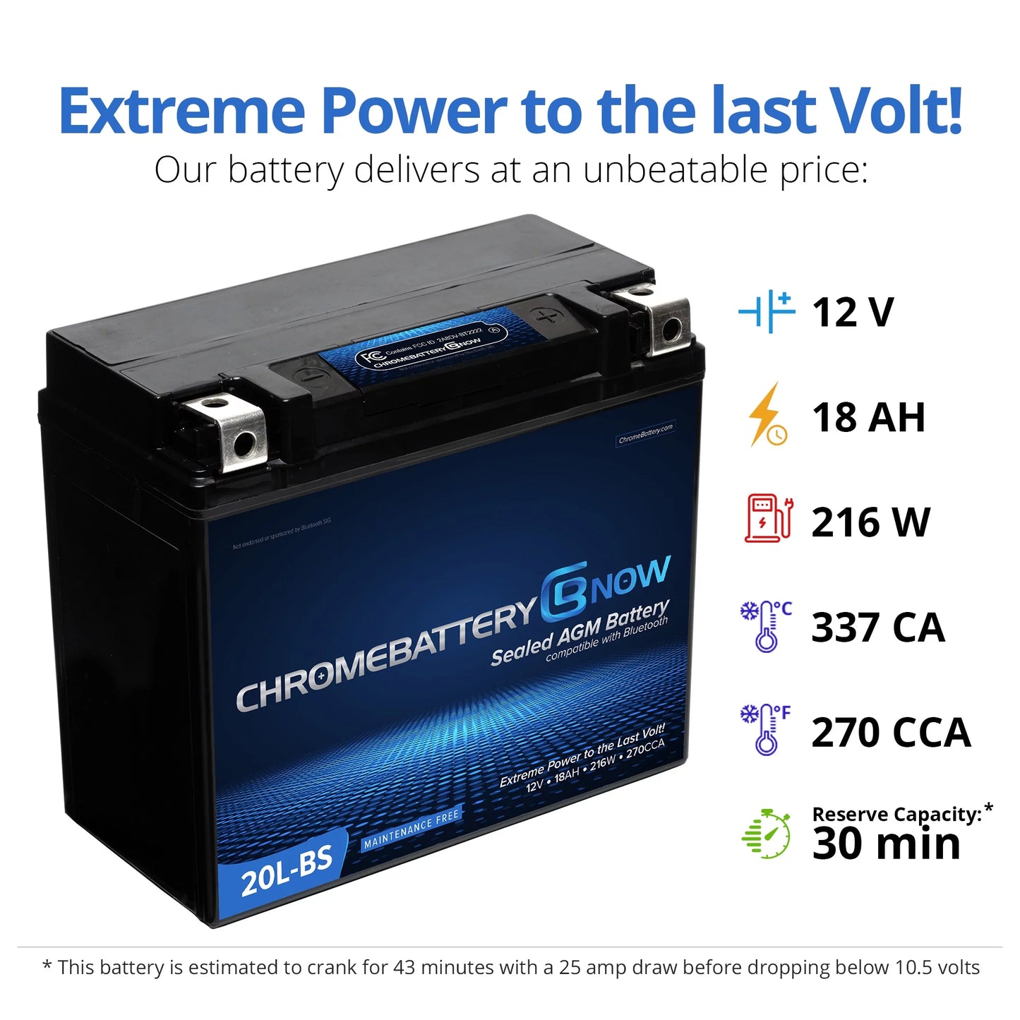 Chrome Battery Now Ytx20l-bs (20l-bs 12 Volt,18 Ah, 270 Cca) Intelligent Wireless Sizemartphone Connectivity AGM Battery for Personal Watercraft - Brp (sea-doo) 900 Gti 90 Years (2018 - 2020)