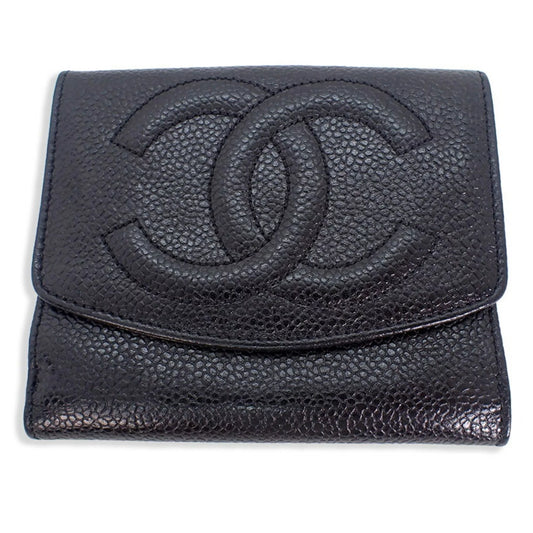 Pre-Owned CHANEL Chanel caviar skin black trifold wallet (Good)