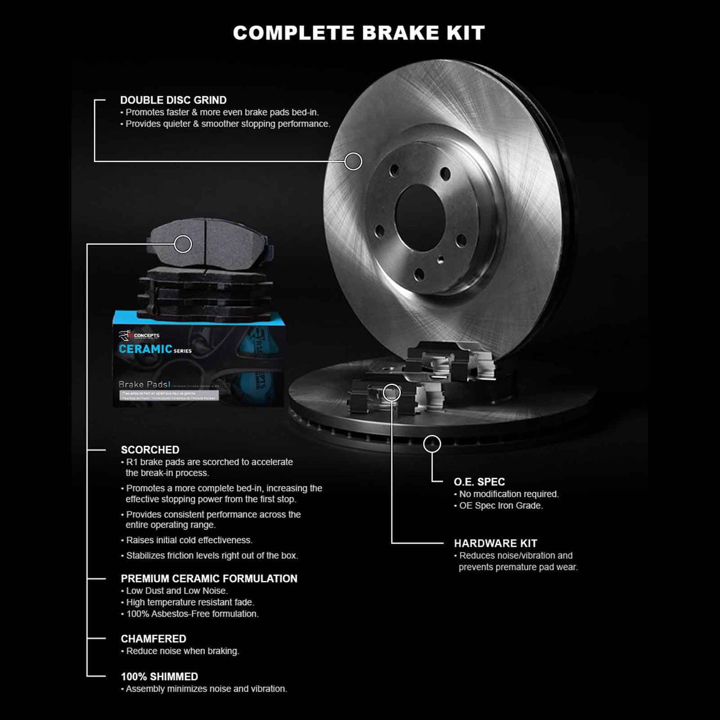 R1 Concepts Front Brakes and Rotors Kit |Front Brake Pads| Brake Rotors and Pads| Ceramic Brake Pads and Rotors |Hardware Kit WFWH1-67107