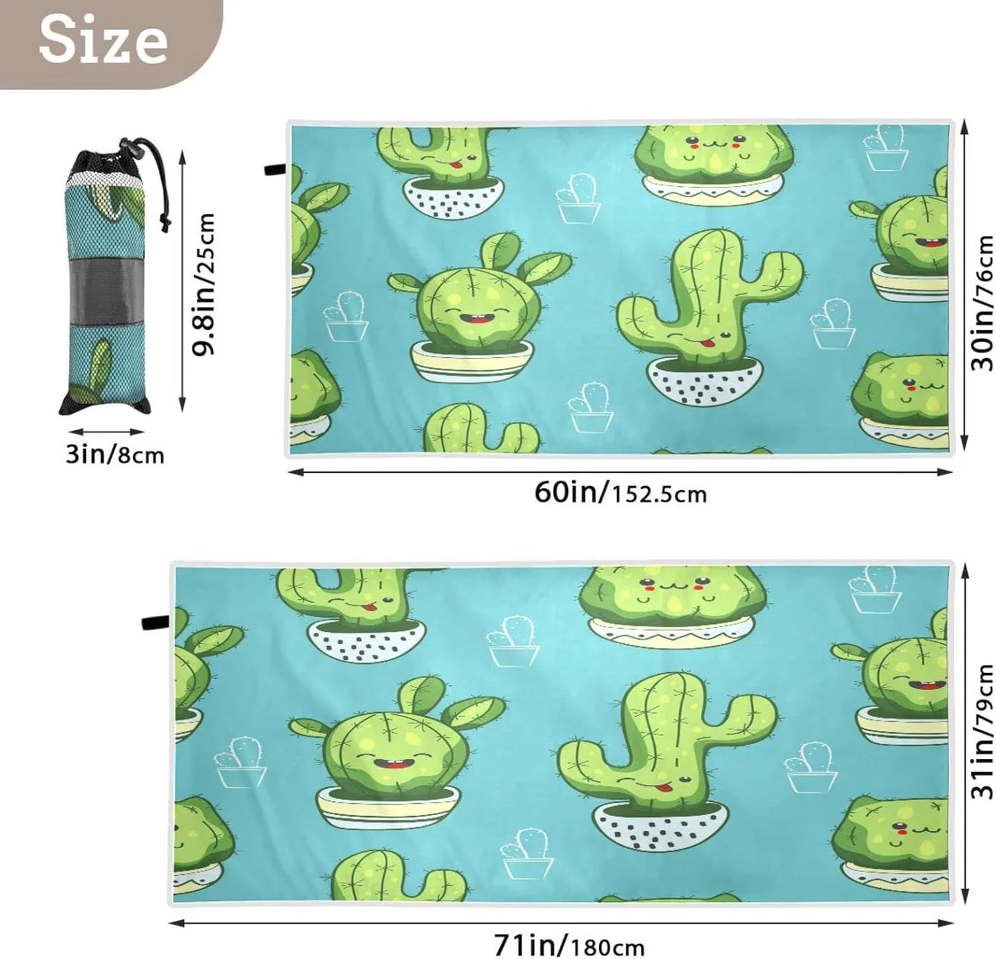 Bestwell Cute Kawaii Cactus Beach Towel - Lightweight Compact Oversized Travel Towels - Sizeuper Absorbent Quick Dry Towel for Sizewimming Camping Holiday（203）