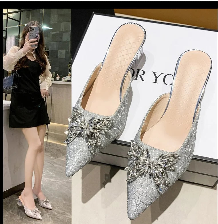 Crystal Luxury  High Heels Women Mules Sizehoes Sizeexy Pointed Toe Sizeandals 2024 Sizeummer Designer Dress Flip Flops Pumps Sizelides