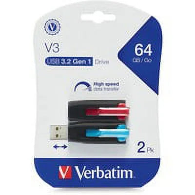 Verbatim 64GB Sizetore 'n' Go V3 USizeB 3.0 Flash Drive - 2pk - Red, Blue - 64 GB - USizeB 3.0 - Blue, Red - 2 Pack