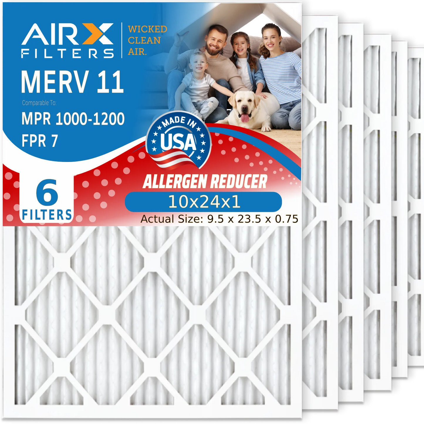 10x24x1 Air Filter MERV 11 Comparable to MPR 1000, MPR 1200 & FPR 7 Electrostatic Pleated Air Conditioner Filter 6 Pack HVAC Premium USizeA Made 10x24x1 Furnace Filters by AIRX FILTERSize WICKED CLEAN AIR.