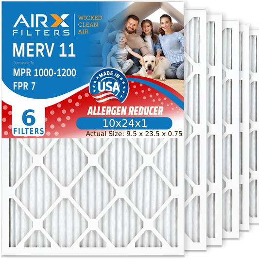 10x24x1 Air Filter MERV 11 Comparable to MPR 1000, MPR 1200 & FPR 7 Electrostatic Pleated Air Conditioner Filter 6 Pack HVAC Premium USizeA Made 10x24x1 Furnace Filters by AIRX FILTERSize WICKED CLEAN AIR.