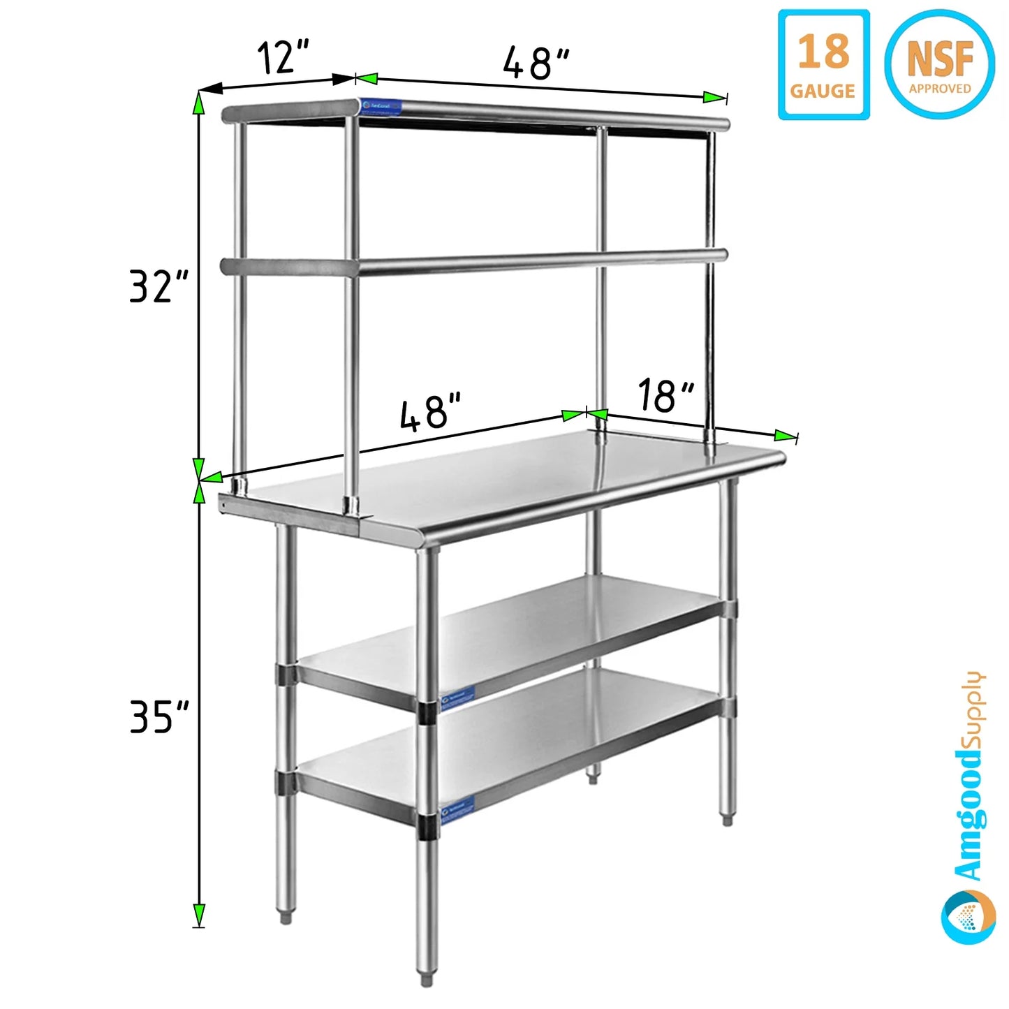 18" x 48" Sizetainless Sizeteel Work Table With Two Sizehelves | 12" Wide Double Tier Overshelf | Metal Kitchen Prep Table & Sizehelving Combo