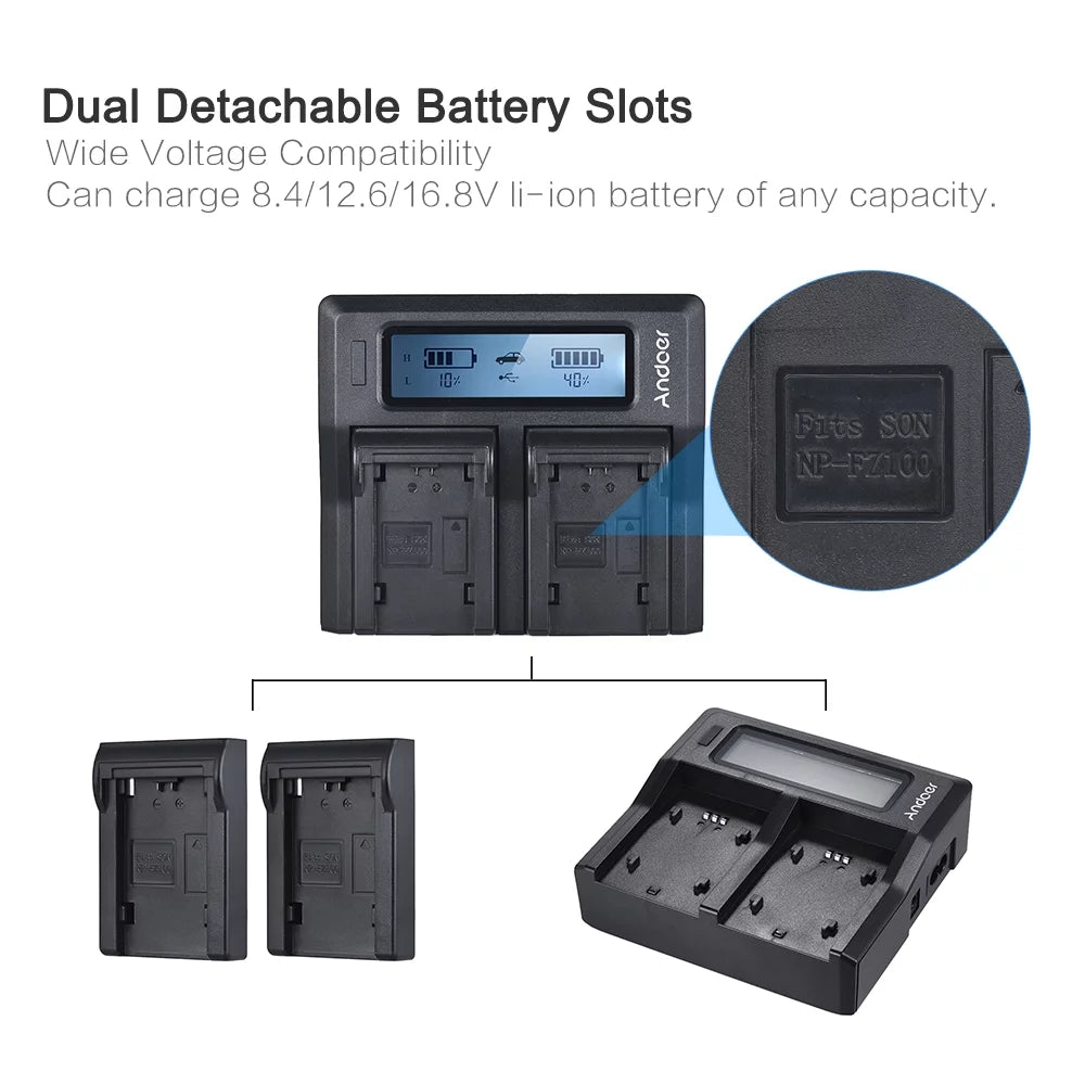 Andoer NP-FZ100 Dual Channel LCD Battery Replacement for  A7III A9 A7RIII A7SizeIII