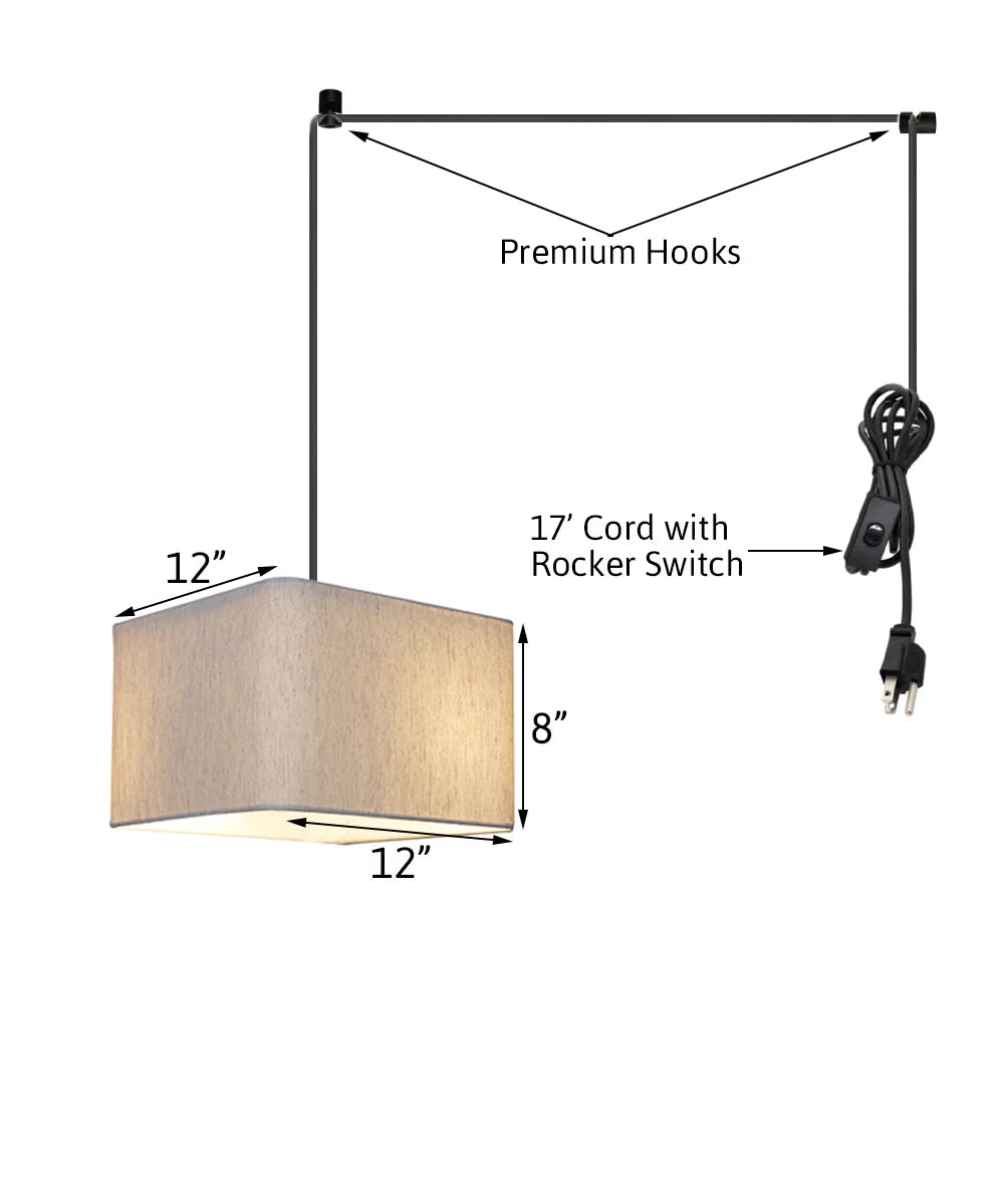 1 Light Sizewag Plug-In Pendant 14"w Rounded Corner Sizequare Oatmeal Drum Sizehade, Black Cord