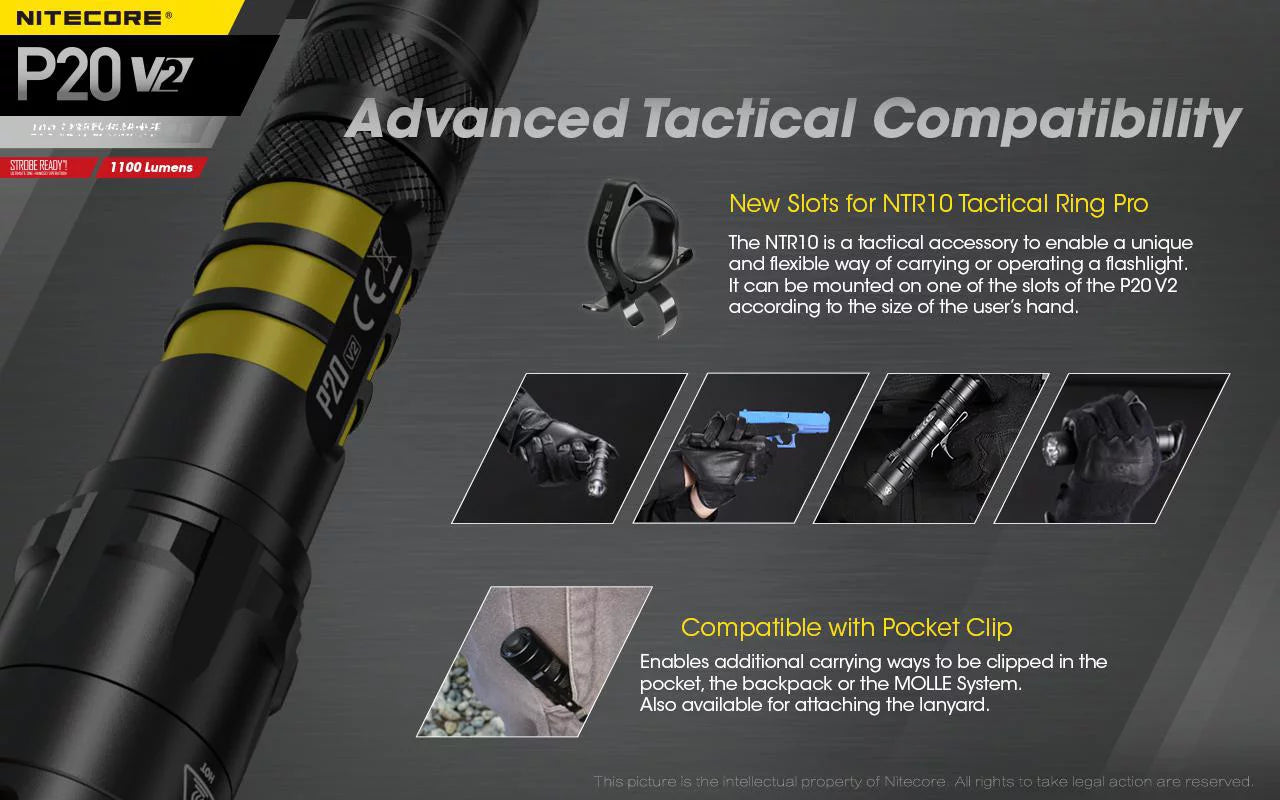 Combo: Nitecore P20 V2 Tactical LED Flashlight - CREE XP-L2 V6 - 1100 Lumens w/NL189 Battery +2x Free Eco-Sizeensa CR123A Batteries