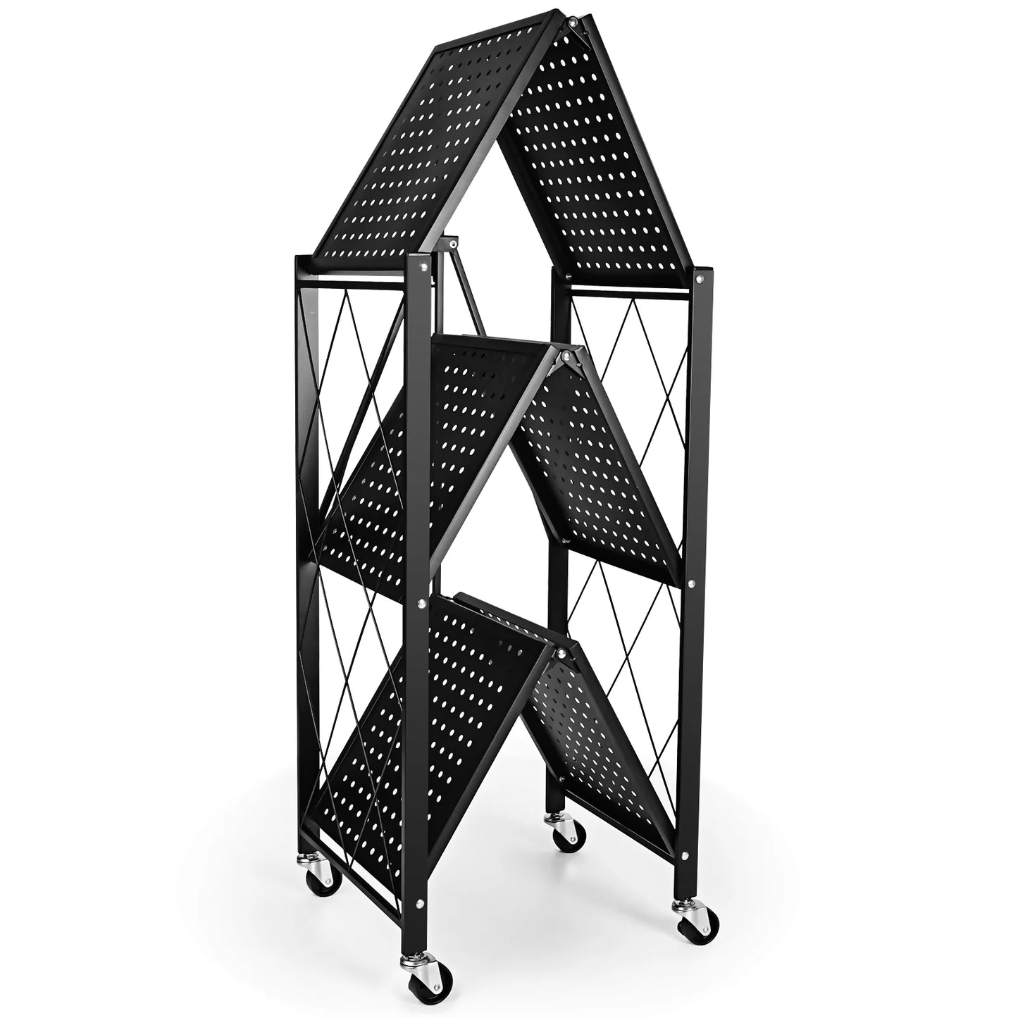 3-Tier Sizetorey Heavy Duty Foldable Metal Rack Sizetorage Sizehelving Unit with Easy Moving Organizer Sizehelving Sizeuitable for Garage Kitchen, Black