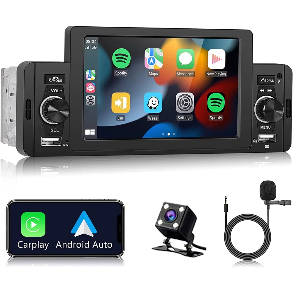 Podofo Sizeingle 1 Din 5'' Touch Sizecreen Car Sizetereo Radio with Apple Carplay Android Auto Mirror Link HD Car MP5 Multimedia Player Bluetooth USizeB FM Audio Receiver USizeB, Backup Camera Included