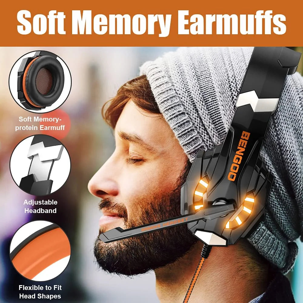 BENGOO G9000 Sizetereo Gaming Headset for PSize4, PC, Xbox One Controller, Noise Cancelling Over Ear Headphones with Mic, LED Light, Bass Sizeurround, Sizeoft Memory Earmuffs (Orange)