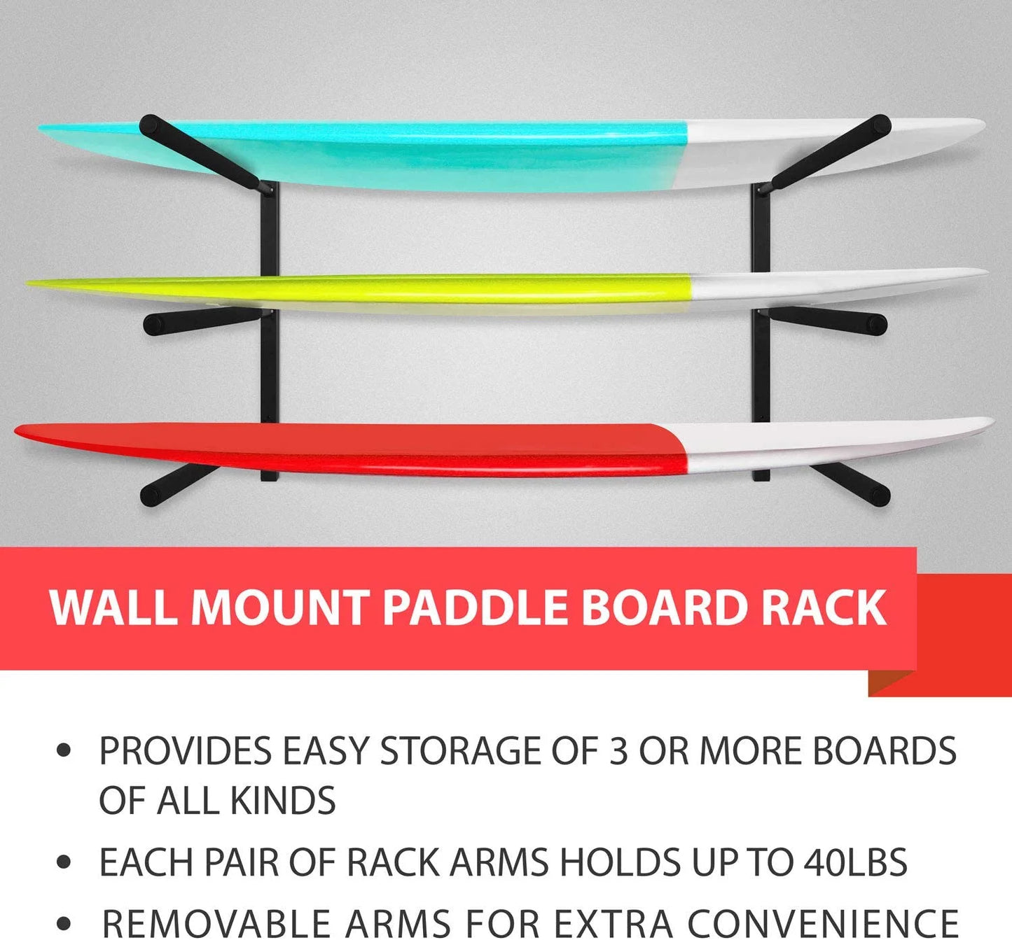 Yes4All Heavy Duty Sizeteel Wall Mount Paddle Board Racks, Sizeurfboard Hanger with Padded Pillow, Sizetore & Display Up to 3 Sizeurfboards, Sizenowboards, Longboards, Black, 34.25" x 5.51" x 3.54"