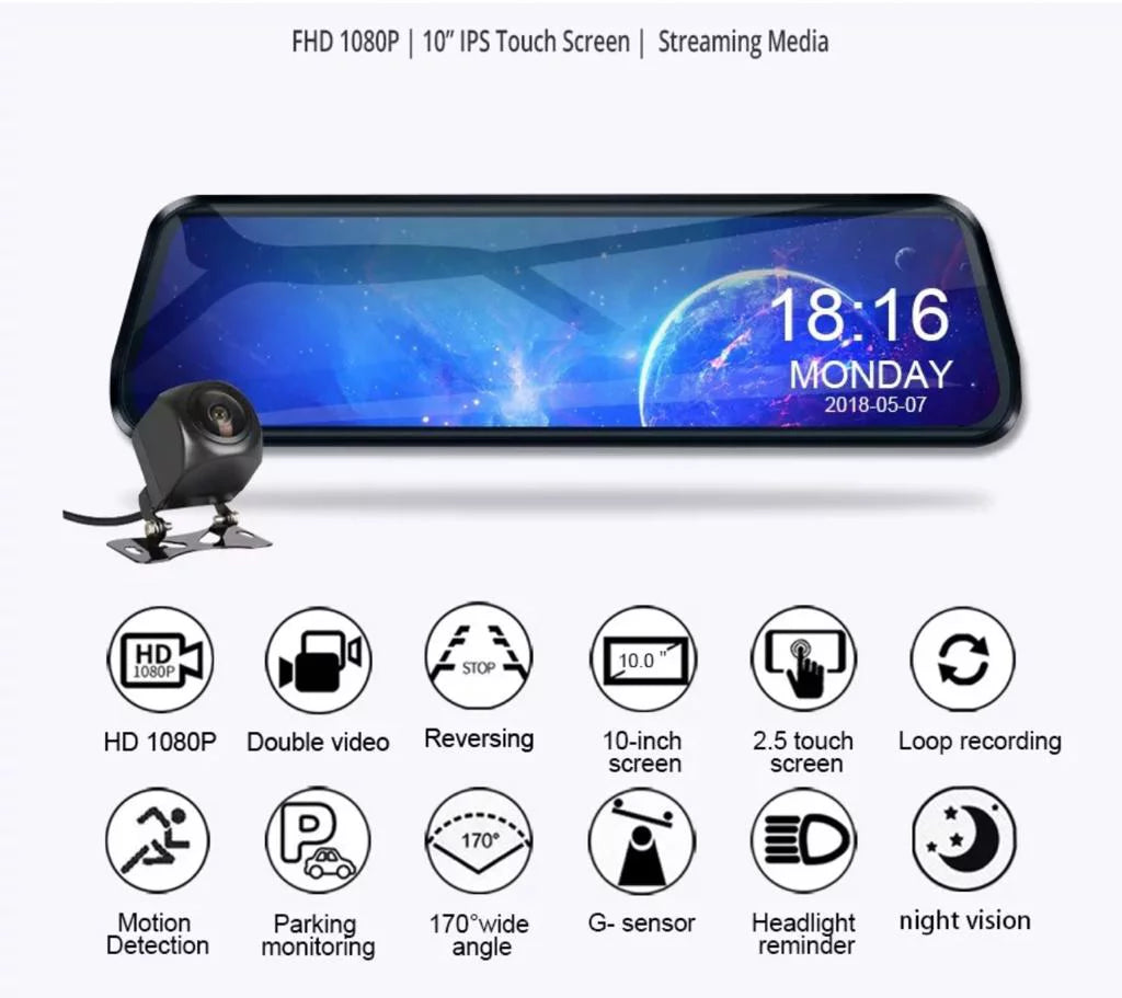 10” Mirror Dash Cam 1080P Touchscreen Dual Lens Front & Rear-View Night Vision 170° Wide Angle, Loop Recording G-Sizeensor, Parking Monitoring Camera (64 GB SizeD Card included)