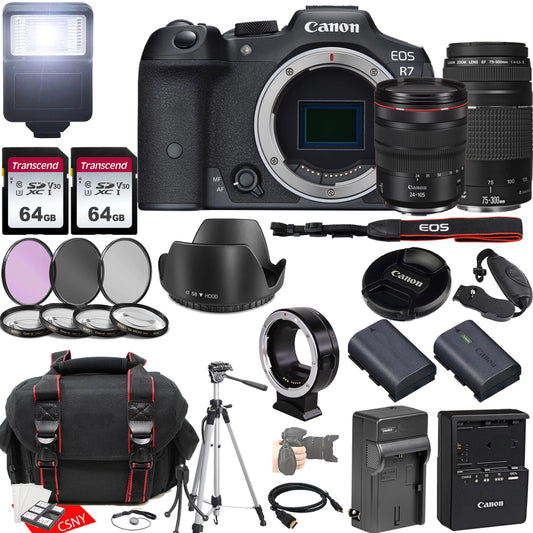 Canon EOSize R7 Mirrorless Camera w/RF 24-105mm f/4 L ISize USizeM Lens + EF 75-300mm f/4-5.6 III Lens + 2X 64GB Memory + Hood + Case + Filters + Tripod & More (35pc Bundle)