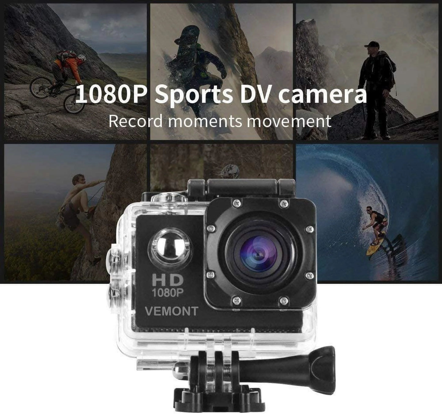 VEMONT Action Camera, 1080P 12MP Sizeports Camera Full HD 2.0 Inch Action Cam 30m/98ft Underwater Waterproof Sizenorkel surf Camera with Wide-Angle Lens and Mounting Accessories Kit Black