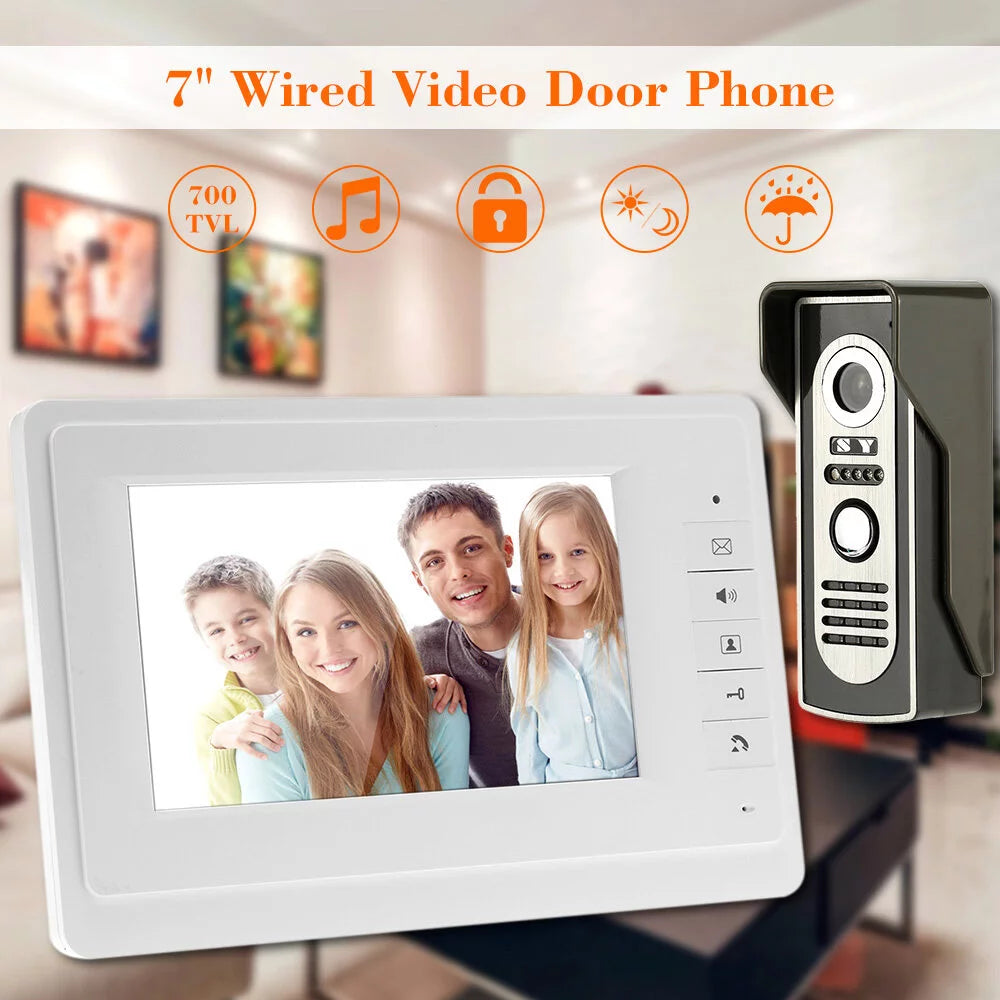 7” Wired Video Door Phone Sizeystem Visual Doorbell with Indoor Monitor and Outdoor Camera support Unlock Infrared Night View Rainproof for Home