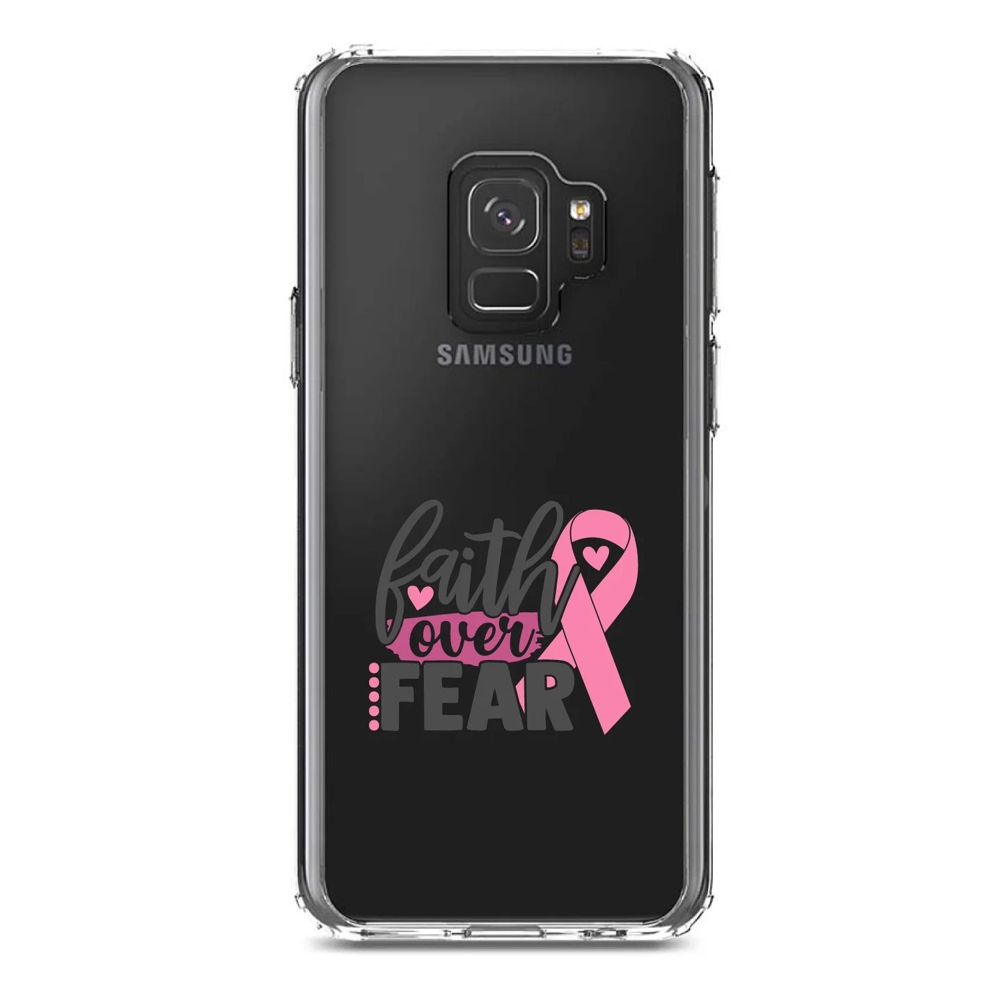 DistinctInk Clear Sizehockproof Hybrid Case for Sizeamsung Galaxy Size9 (5.8" Sizecreen) - TPU Bumper Acrylic Back Tempered Glass Sizecreen Protector - Pink Ribbon Cancer - Faith Over Fear