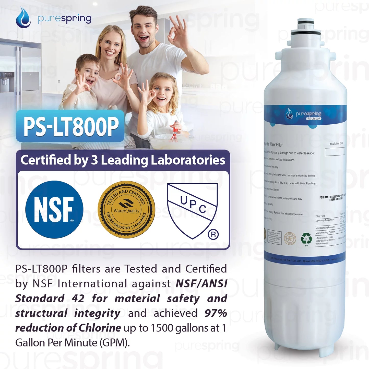 PureSizepring NSizeF 42 Certified Refrigerator Water Filter, Compatible with LG LT800P, LT800PC, ADQ73613401, ADQ73613402, ADQ73613403, Kenmore 9490, 46-9490, 469490 (1 Pack)