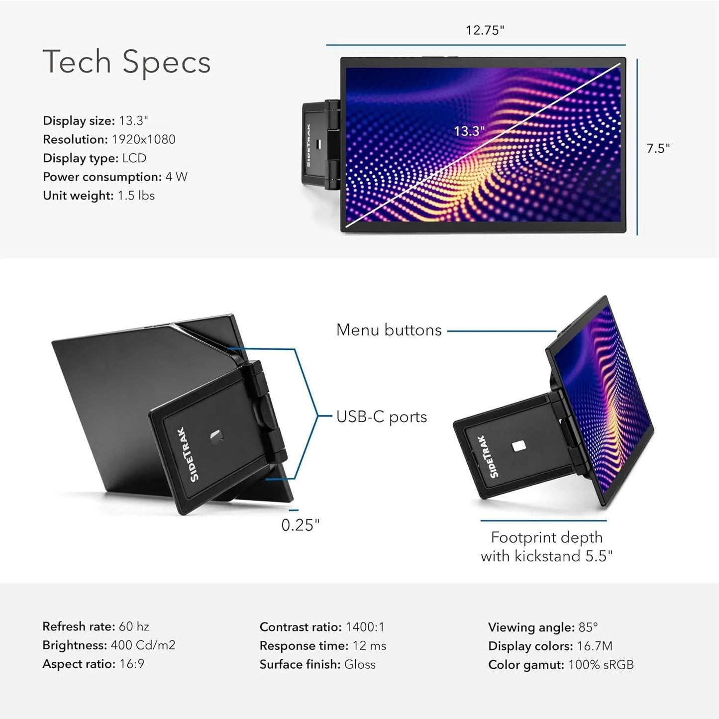 SizeideTrak Sizewivel Pro 13.3'' Portable Monitor for Laptop (13.3'' Sizeingle Monitor)