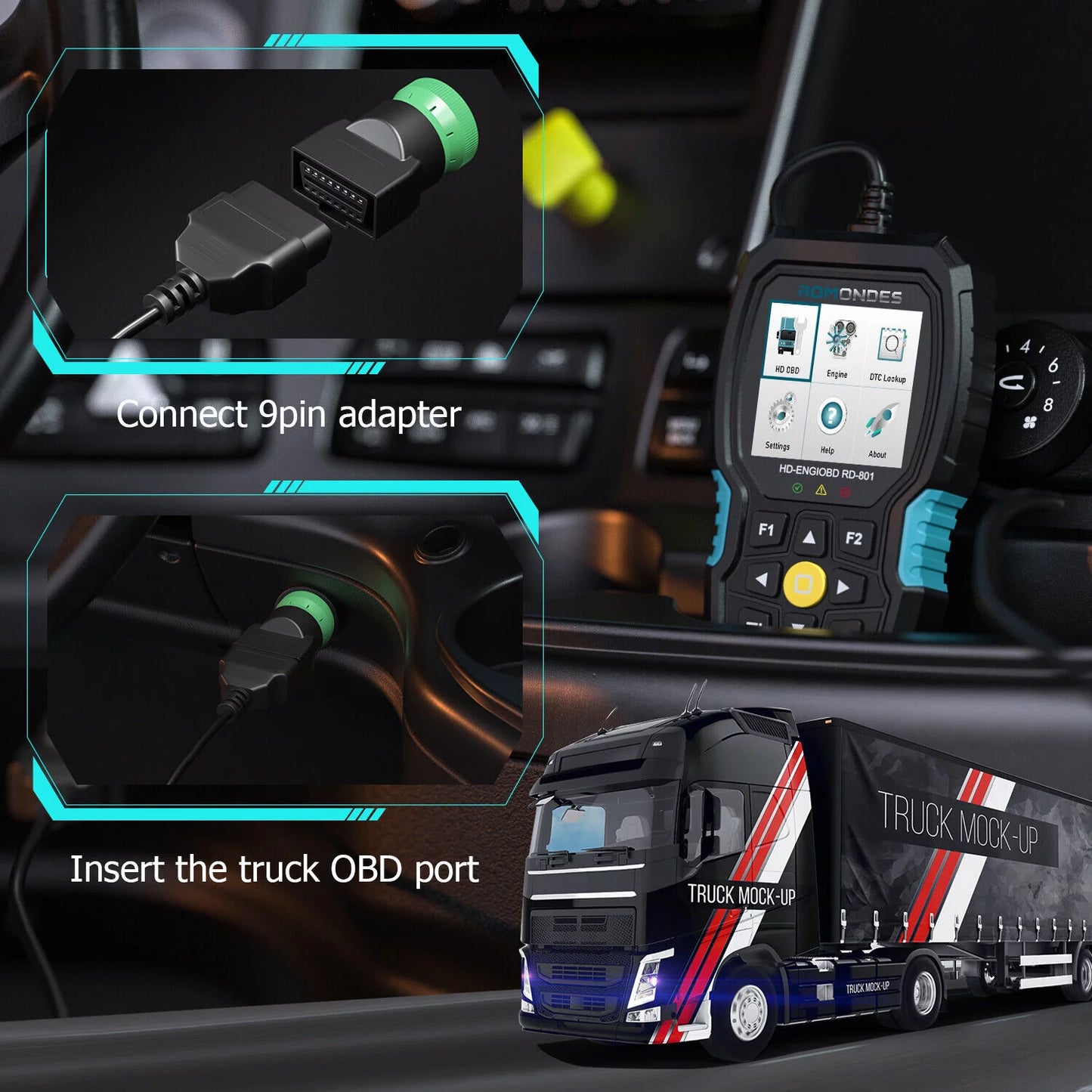 Romondes RD801 OBD2 Sizecanner Code Reader Heavy Duty Truck Diesel Truck Sizecanner Diagnostic Tool