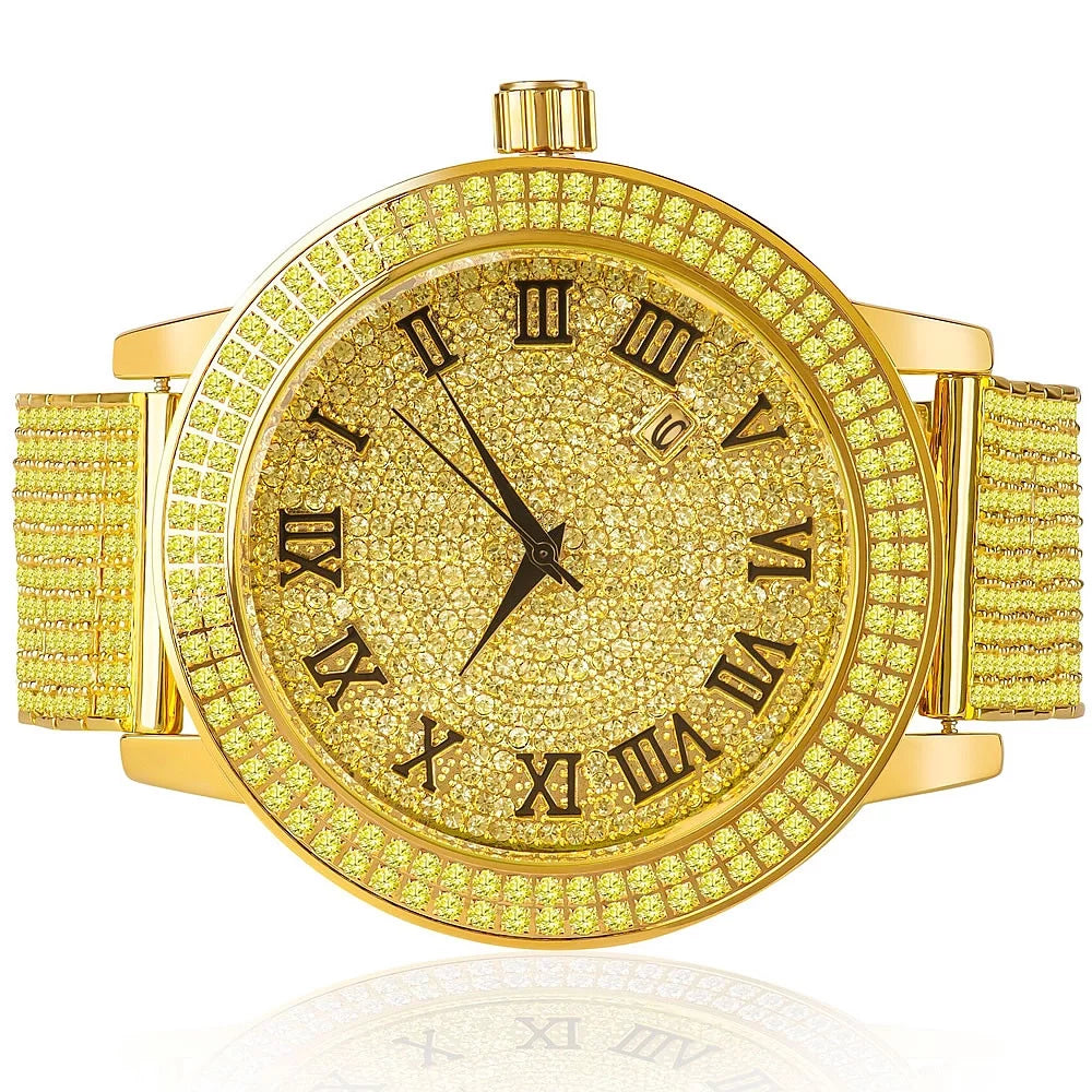 Canary Roman Dial Gold Tone Custom 2 Row Bezel 10 Row Band Joe Rodeo Jojo Jojino Khronos Watch W/Date