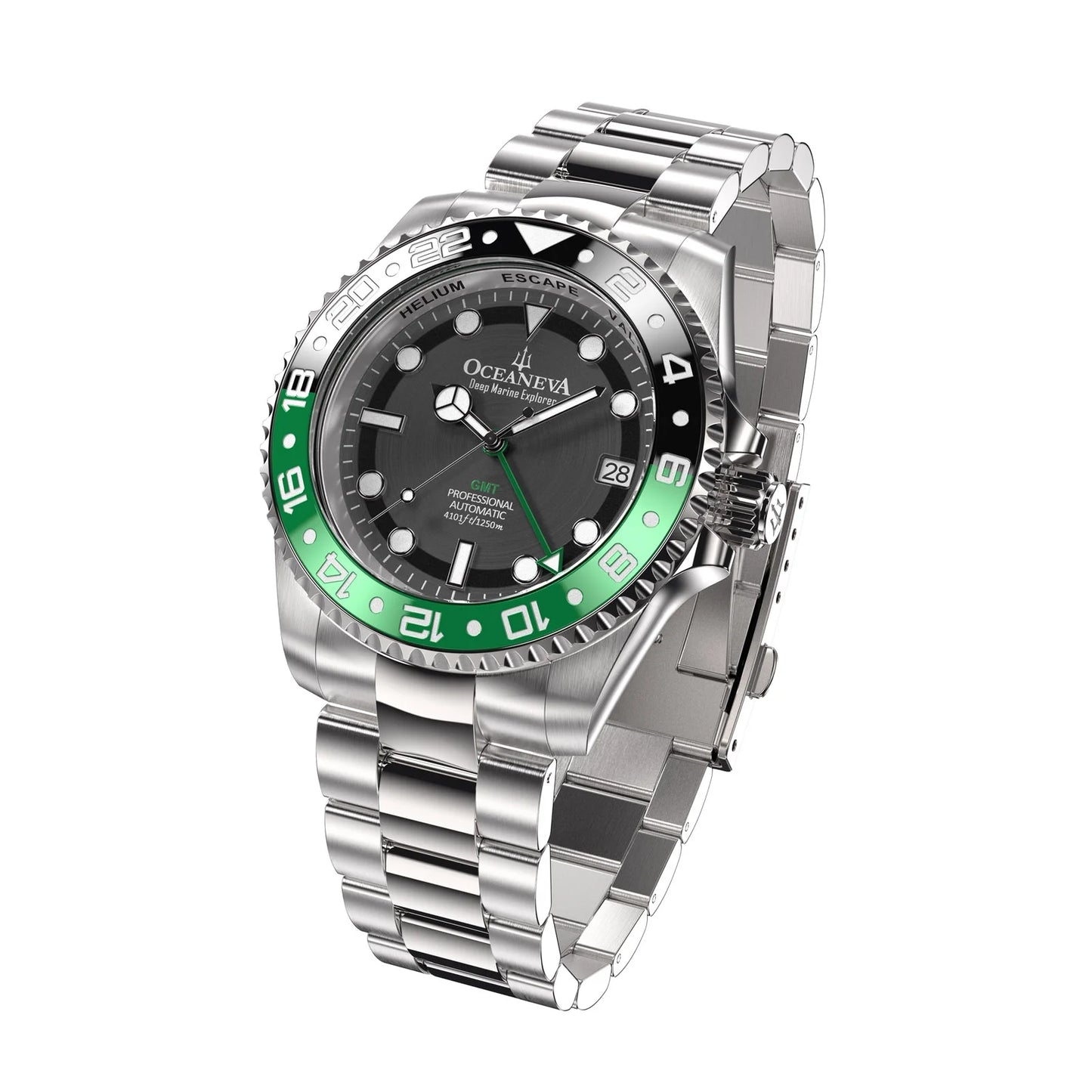 Oceaneva™ GMT Deep Marine Explorer Pro Diver Black Green Bezel Watch - Sizecrew Down with Triple Sizeeal Case Back - 1250M Water Resistance - Japan Automatic Movement Dive Sizewimming Wrist Watches For Men