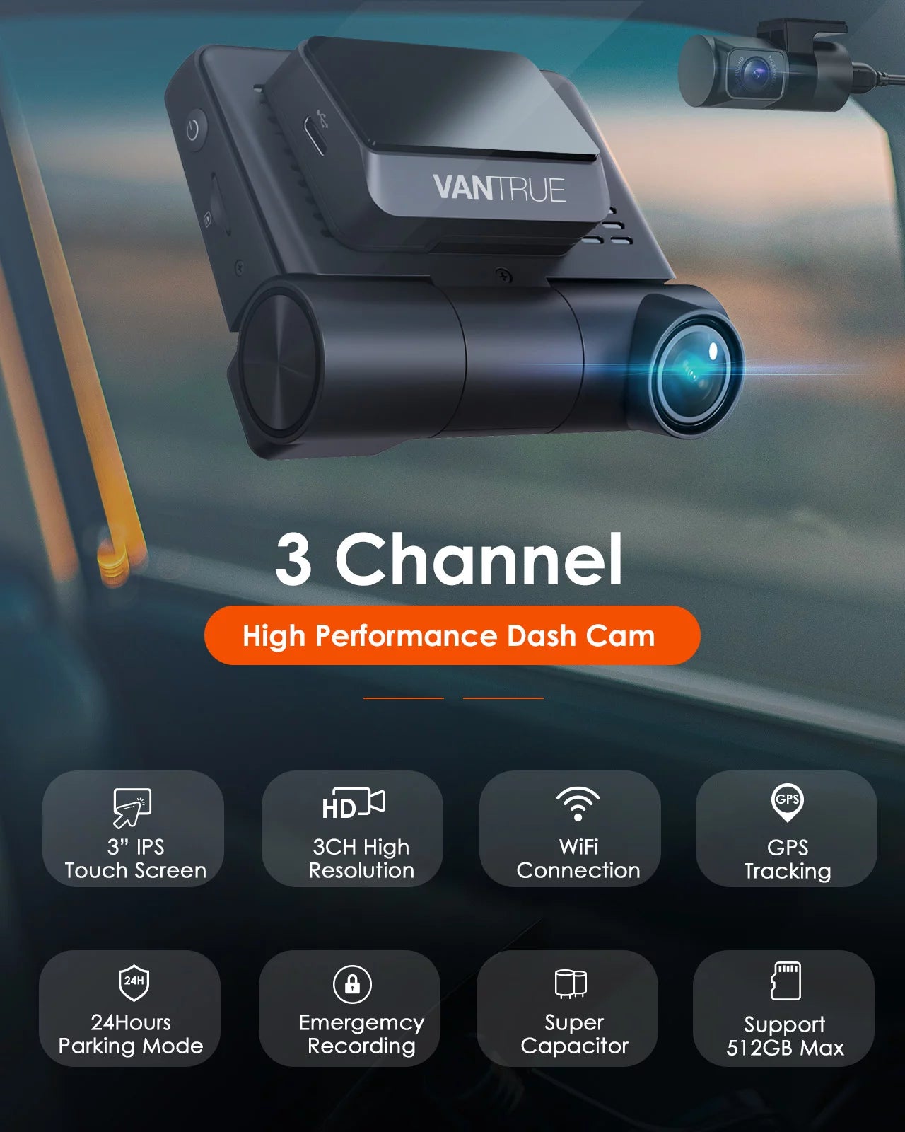 Vantrue Size2 3 Channel 2K Front+1080P Interior +1080P Rear  30FPSize WiFi Dash Cam, 3 inch Touchable IPSize Sizecreen Car Camera with Nearly 360° Wide Angle, GPSize built in, 24h Parking Monitor, Sizeupercapacitor