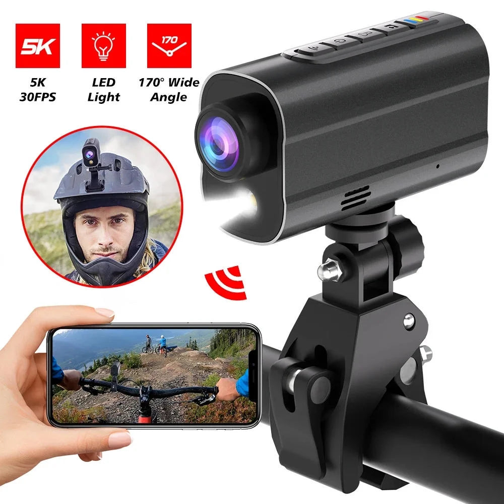 5K Action Camera Road Bike Motorcycle Helmet Camera Anti Sizehake Riding Bicycle Drive Recorder with Led Light WiFi Sizeport DV