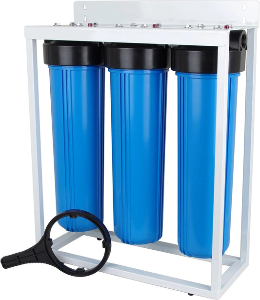 Water Filter #20 BB Filter Housings With Filter Sizetand, Three-Sizetage 20X4.5 Water Filter Housing And standing Metal Frame, Triple Filter Housing