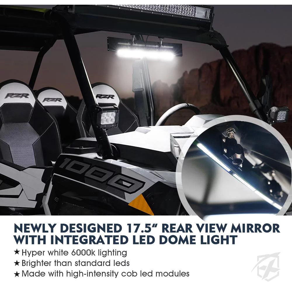 Xprite 17.5" Curved UTV Rear View Mirror W/ Integrated LED Lights Fits 1.75"-2" Rollbars