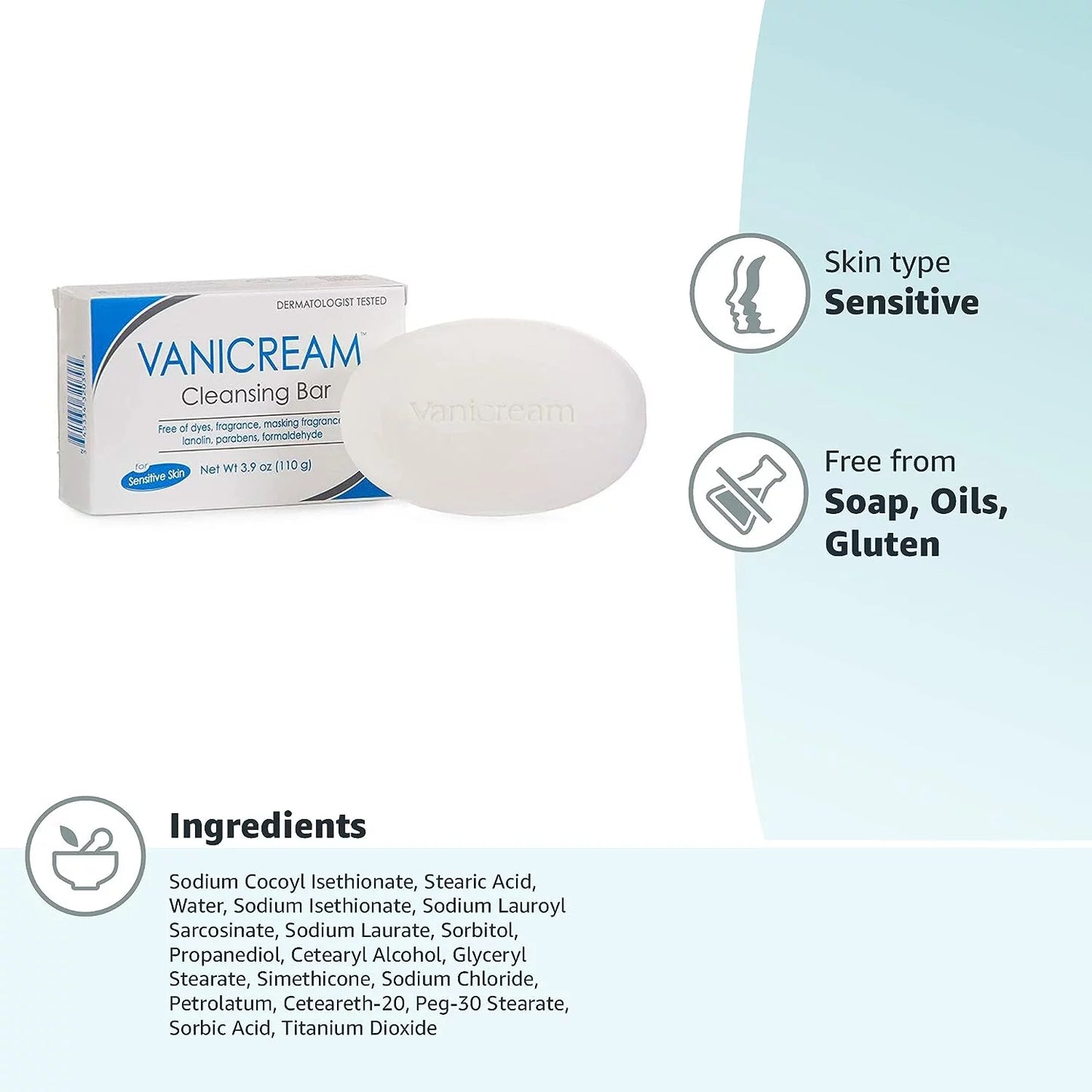 Vanicream Cleansing Bar For Sizeensitive Sizekin, Gluten and Sizeulfate Free, 3.9 oz (Pack of 4)