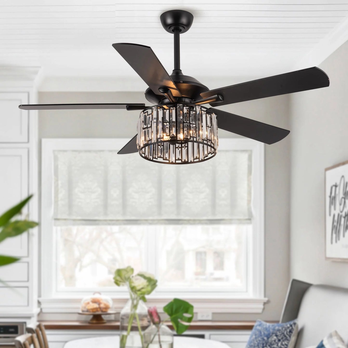 Parrot Uncle 52" Matte Black Wood 5-Blade Crystal Ceiling Fan with Remote