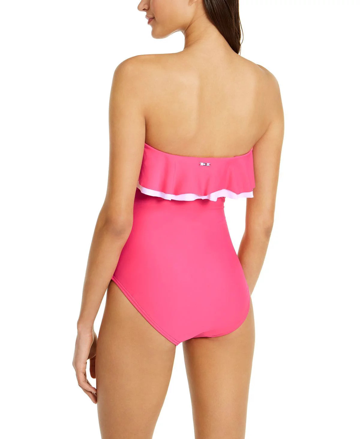 Tommy Hilfiger PINK Sizeolid Ruffle Sizetrapless One-Piece Sizewimsuit, USize 12