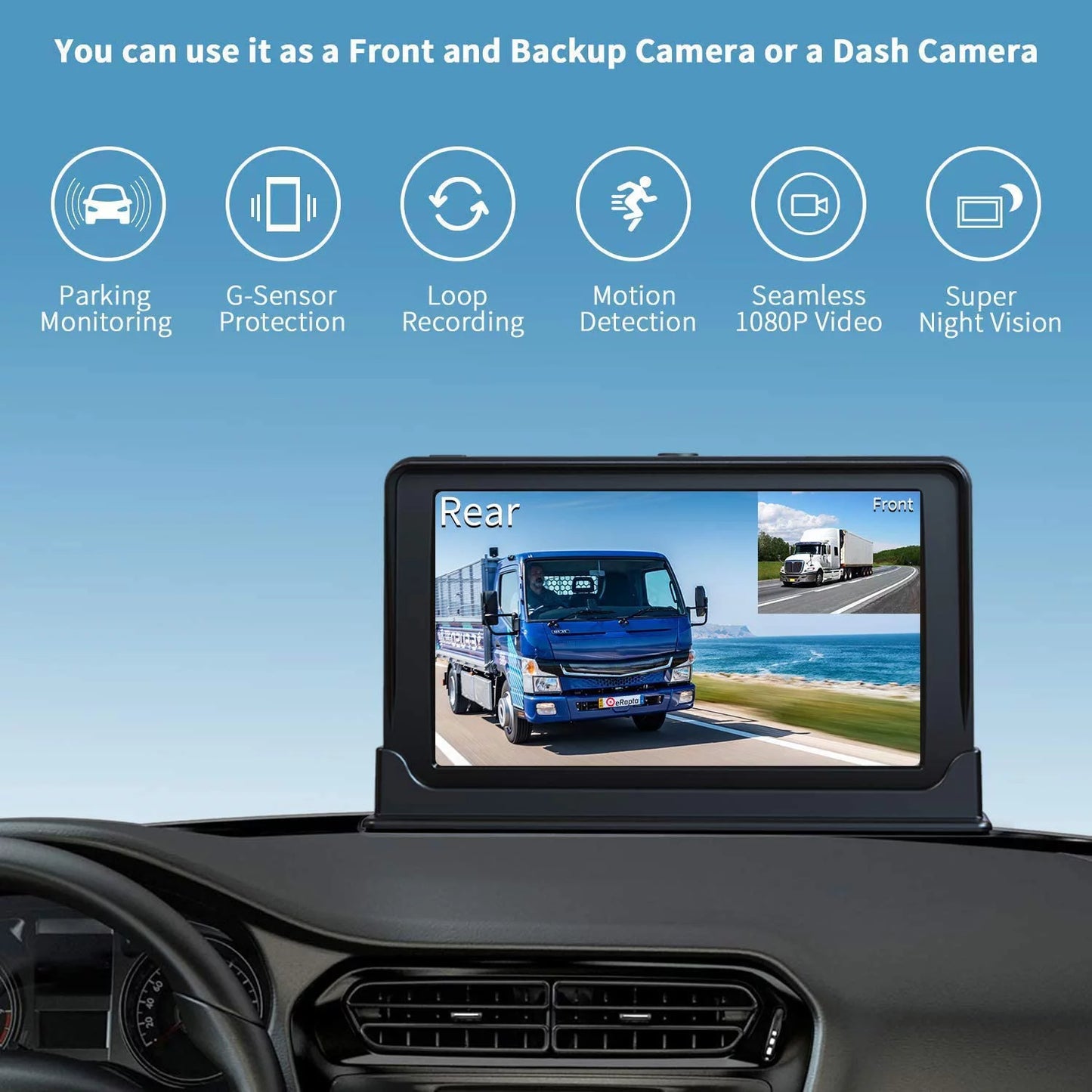 Erapta Backup Camera with 7'' Monitor Rear View Camera DVR with 1080P Advanced Recording Function, IP69 Waterproof, Night Vision for RV/Pickup/Truck/Trailer/Bus