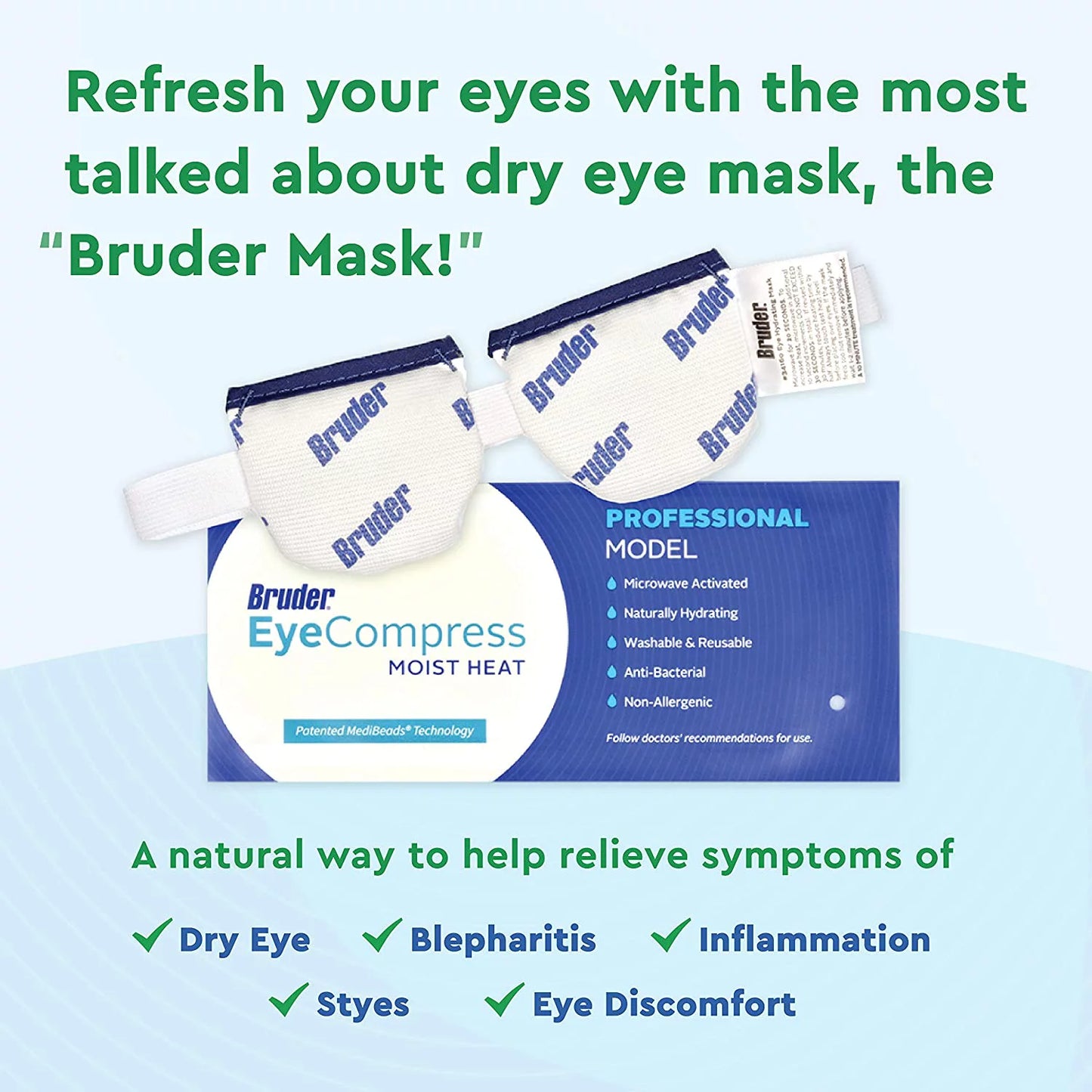 Bruder Moist Heat Eye Compress | Microwave Activated | Moist Heat Eye Mask | Reusable, Washable, and Non-allergenic | Fast Acting and Effective Relief for Dry Eye and Other Eye Irritation l Pack of 2