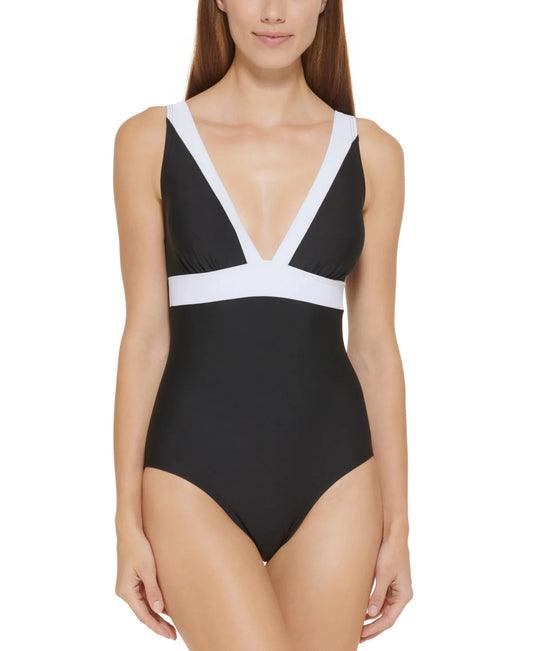 DKNY BLACK Plunging Colorblocked One-Piece Sizewimsuit, USize 4