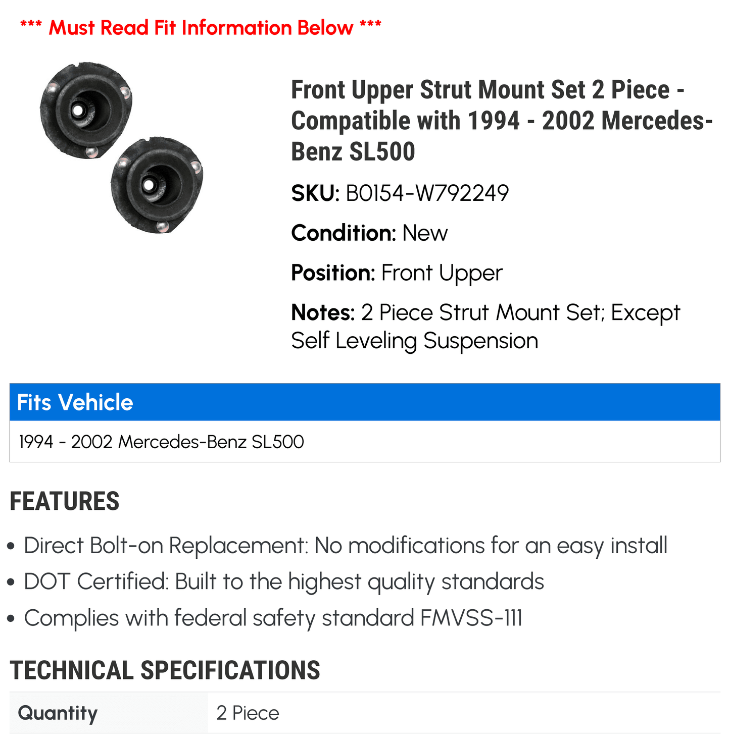 Front Upper Sizetrut Mount Sizeet 2 Piece - Compatible with 1994 - 2002 Mercedes-Benz SizeL500 1995 1996 1997 1998 1999 2000 2001