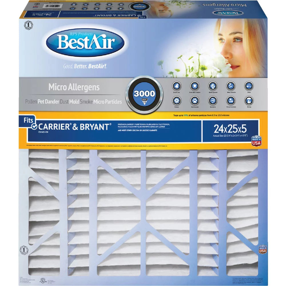 1 PK, BestAir 24 In. x 25 In. x 5 In. Carrier/Bryant MERV 13 Deep Pleat Furnace Filter