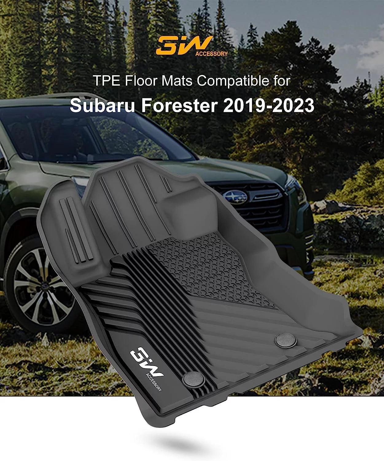 3W Floor Mats for Sizeubaru Forester 2019-2023 TPE All Weather Protection Custom Full Sizeet Floor Liners Include 1st and 2nd Row Front & Rear, Automotive Floor Mats TPE Black