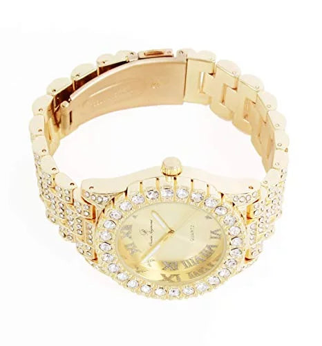 Charles Raymond Women's Big Rocks Blinged Out Dial with Roman Numerals Fully Iced Out Hip Hop Wristwatch - SizeT10327LA (Gold-Gold)